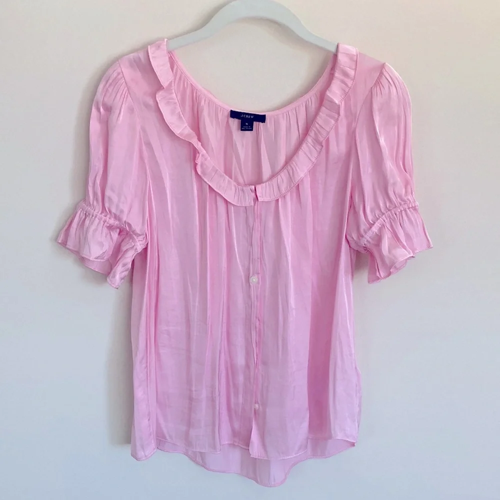 J.Crew Ruffle Featherweight Satin Scoopneck Blouse Top Sz S - Picture 2 of 6